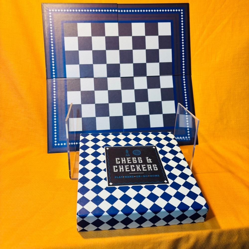 Chess & Checkers 2-in-1 Board Game Set Blue White Pieces Bell & Curfew - Picture 8 of 10